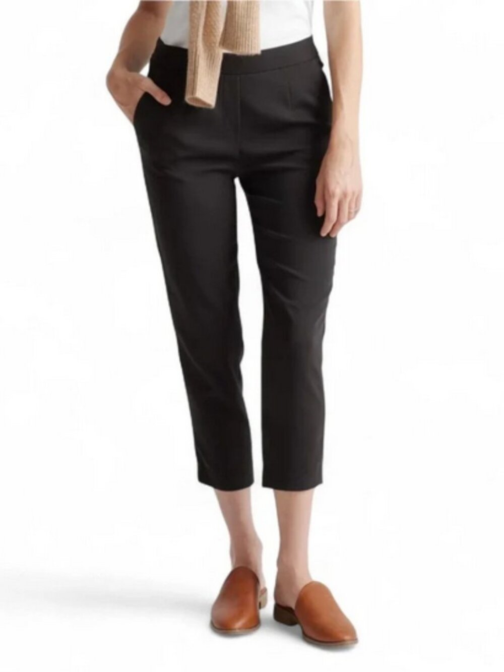 Quince Stretch Crepe Pleated Ankle Pants Black Pull On Cropped Trousers Size S